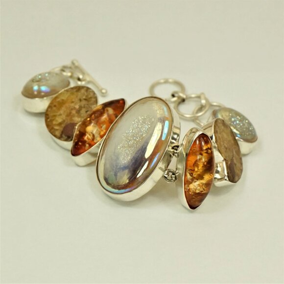 Rare Multi Stone 925 Silver Link Toggle Bracelet With Amber Ammonite Druzy MOP - Picture 6 of 16